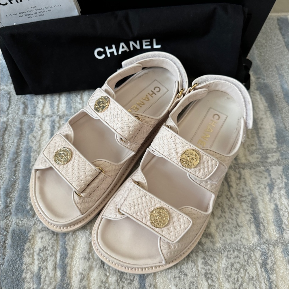 Chanel Light Pink Textured Dad Sandals with Gold Medallion Buttons